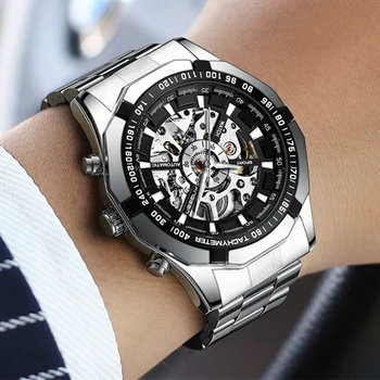 

FNGEEN Silver Hollow Stainelss Steel Automatic Self-wind Watch Men Skeleton Mechanical Clock