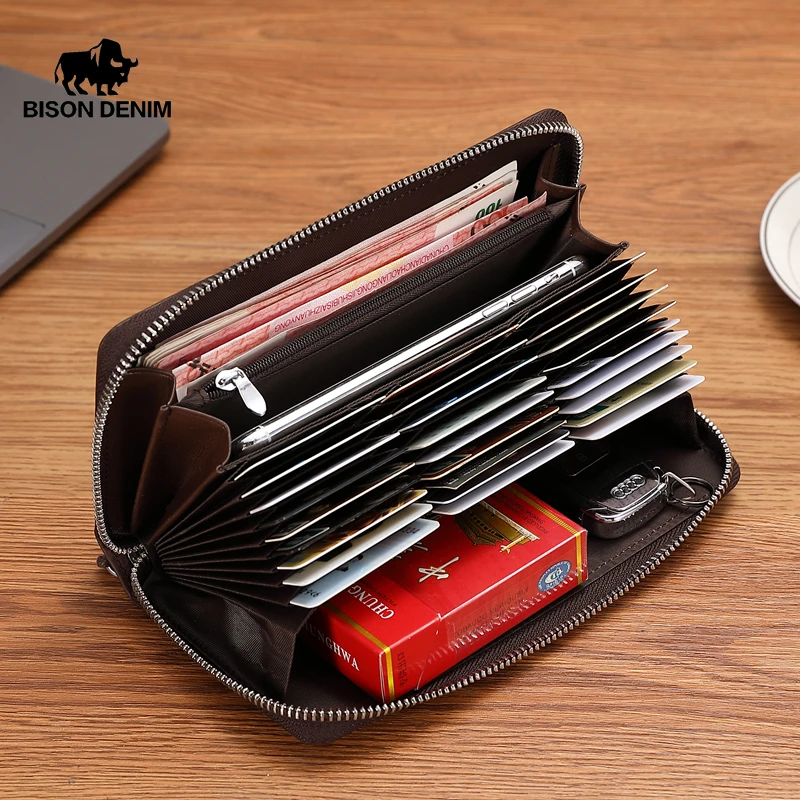 BISON DENIM Genuine leather Wallet Men Zipper Coin Pocket Long Purse Male Passport Multi-card Slots Wallet large capacity 6