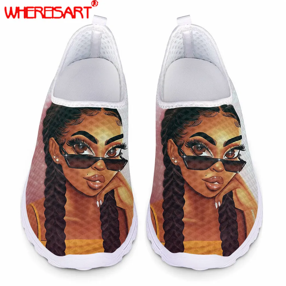 WHEREISART-zapatillas de deporte para mujer, zapatos femeninos con estampado de Melanin Poppin Afro, zapatillas de deporte de arte africano, planas de malla de moda