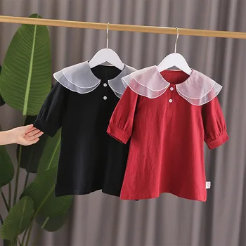 

WLG girls spring autumn dresses kids mesh peter pan collar red black dress baby girl cute casual clothes 1-5 years