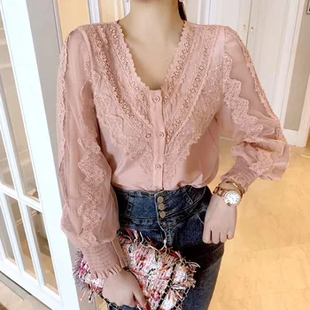 

New Autumn Women Fashion Lace Stitching Crochet Blouse Shirts V-neck Ladies Hollow Out Sweet Shirt Tops