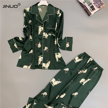 

JINUO Women Silk Poly Pajamas Sets Ladies Two-piece Long Sleeve Pants Sleepwear Lounge Pijama Mujer Female Nightsuits Pyjamas