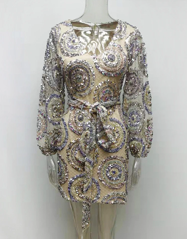 Karlofea/Роскошное винтажное платье с блестками, разноцветный, украшенный пайетками, вечерние платья знаменитостей, шикарные наряды с рукавами-фонариками