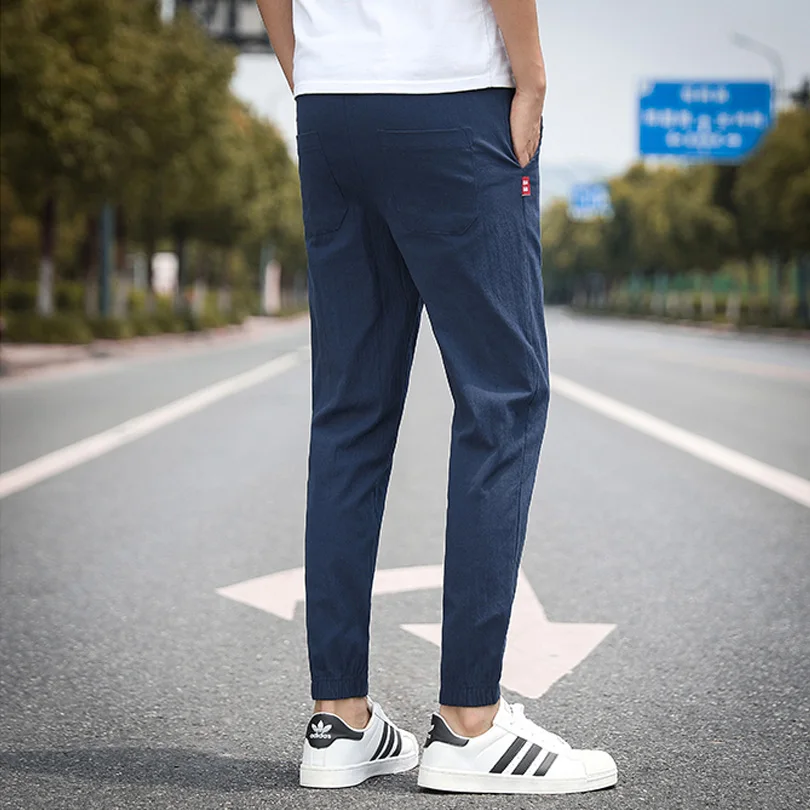 Летние мужские льняные брюки хип-хоп по щиколотку мужские брюки-карандаш одноцветные дышащие удобные модные льняные брюки для мужчин K538
