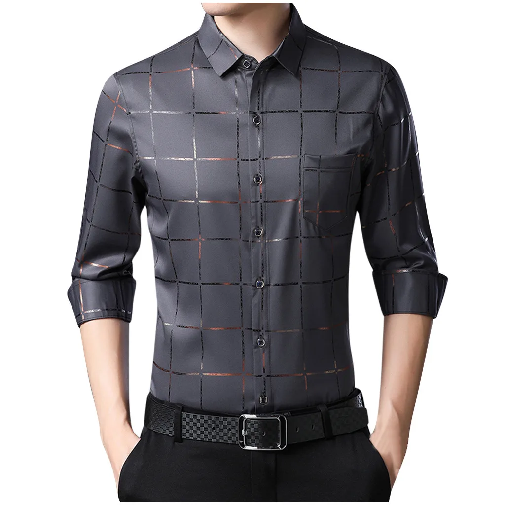 Серый Camisa Social Masculina клетчатая Роскошная рубашка размера плюс L3 с длинным рукавом, приталенная Мужская рубашка, светская одежда, рубашки для мужчин s Fashion Jersey Camisa - Цвет: Серый