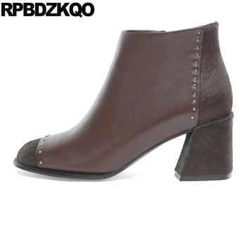 

rivet chunky ankle side zip boots round toe comfortable stud shoes autumn high heel studded booties brand brown winter women new