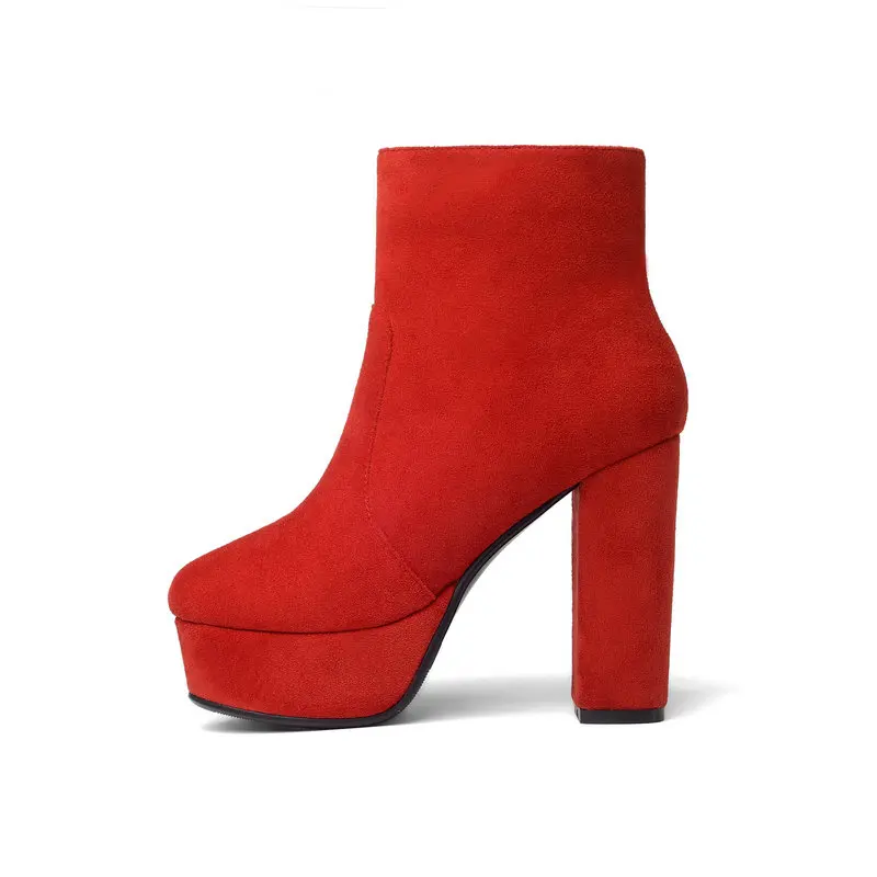 Женские ботильоны на высоком каблуке; Цвет черный, желтый, красный; сезон осень-зима; Замшевые полусапожки на не сужающемся книзу массивном каблуке; женские ботинки на молнии - Цвет: red