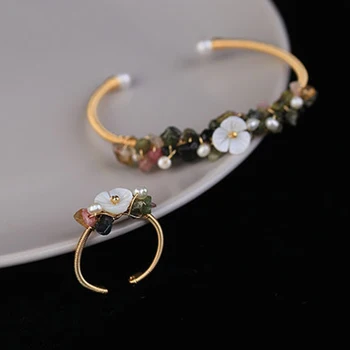 

Natural Fresh Water Pearl Shell Stone Jewelry Set Bracelets Ring For Women Wedding Gift Adjustable Bracelets Bangle Fine Jewelry