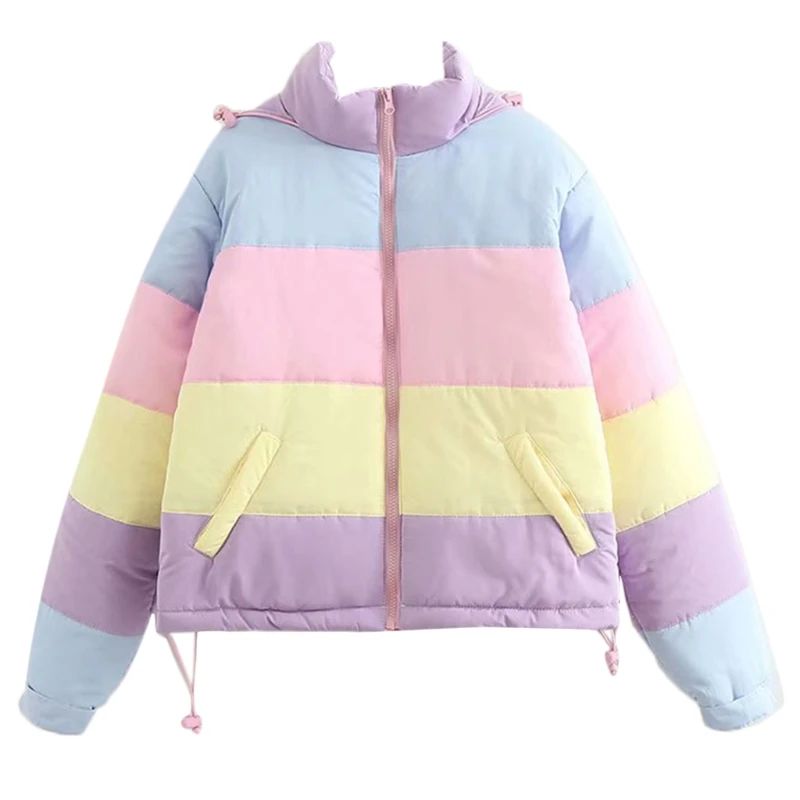 Las mujeres de invierno acolchada chaqueta acolchada rayas multicolor con capucha cordón cremallera abrigo