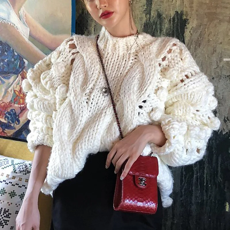 YAMDI Women Knitted Chic Women Fashion Runway Sweater Vintage Elegant Solid Hollow Out Pullover Loose Warm Jumper Autumn Winter