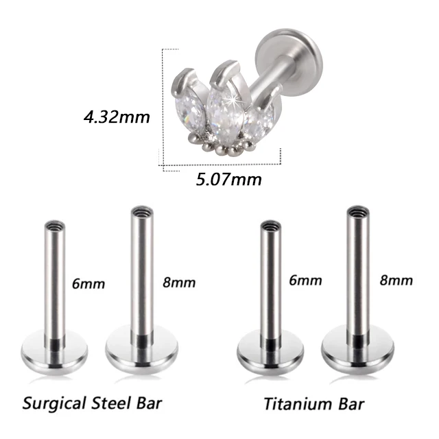1PC G23 Titanium&Steel 16G CZ Gem Moon Labret Lip Bar Ring Crystal Flower Ear Cartilage Tragus Helix Piercing Screw Fit Top 16g Style A