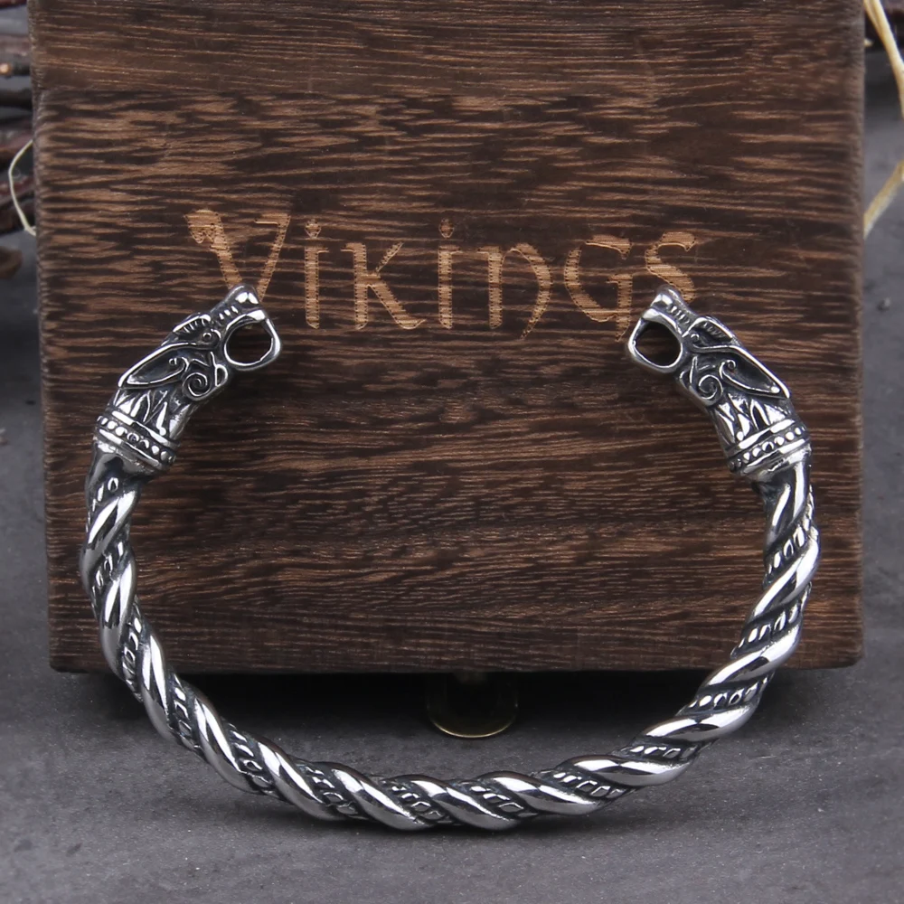 Cuff Bracelet Stainless Steel Nordic Viking Norse Dragon Bracelet Men Wristband Cuff Bracelets with Viking Wooden Box