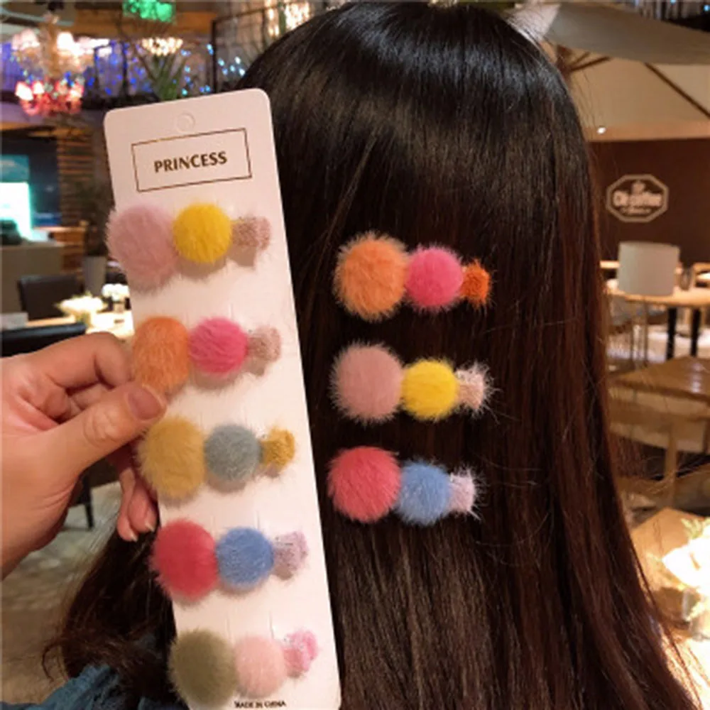 

New Korean Autumn Winter Two Soft Plush Ball Solid Color Hair Clip Candy Color Rabbit Down Hair Clip Girl Hair Clip Hair Accesso