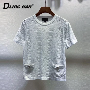 

LINGHAN Fashion crystal Button Knitted T-shirt Sexy Hollow Out O-Neck cotton Tees Top Designer Spring Summer New