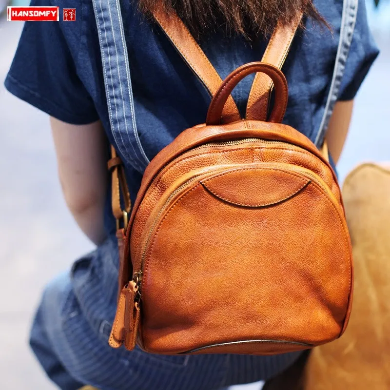 

Real Genuine Leather art retro small Women backpack tide casual wild female top layer leather shell backpacks ladies school bags