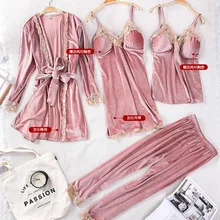 Золото бархат 4 шт. теплые зимние женские пижамы элегантный кружевной халат пижама комплект без рукавов ночное белье