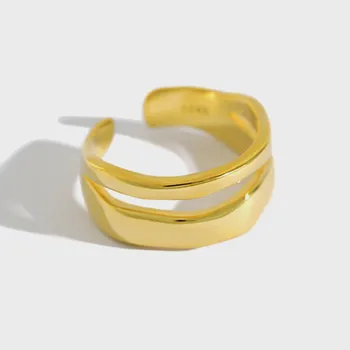 

925 Sterling Silver Gold Double Line Open Rings For Women handmade lady Fine Jewelry Flyleaf