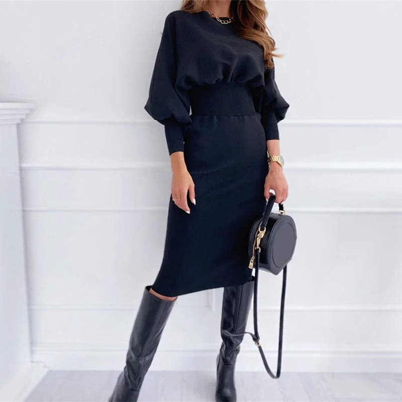 

2022 Wardrobe Essential Women's Spring and Autumn Dress Casual Solid Color Round Neck Waist Casual Temperament Fashion Dress