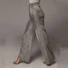 

BBK Shinny Trousers Blingbling Button Long Pants Wide Leg Suit Pants Casual Office Ladies Silver Formal Trousers 2021 Urban Pant