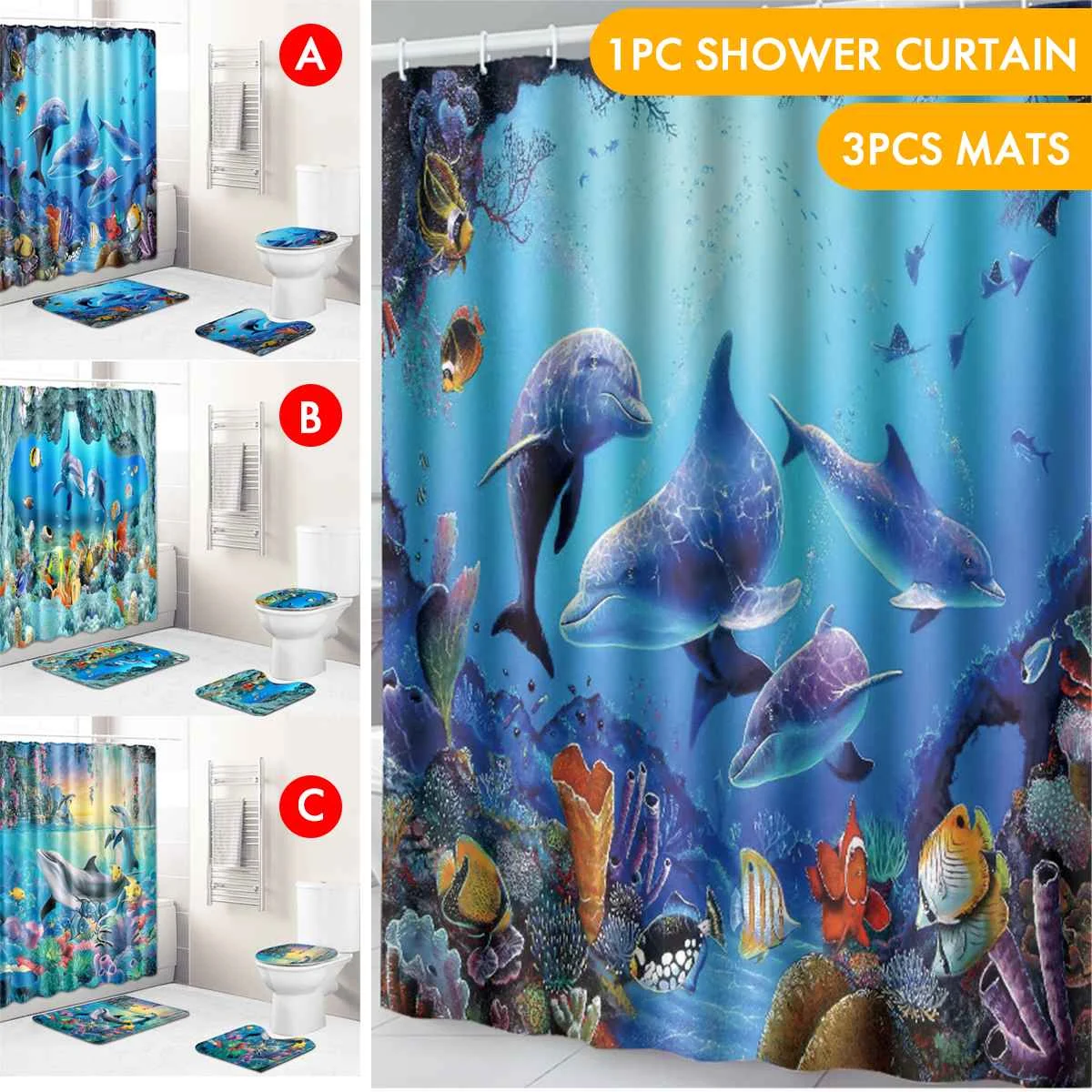 Fish in Deep Sea Nautical Shower Curtain Liner Bathroom Waterproof Bath Mat Rug