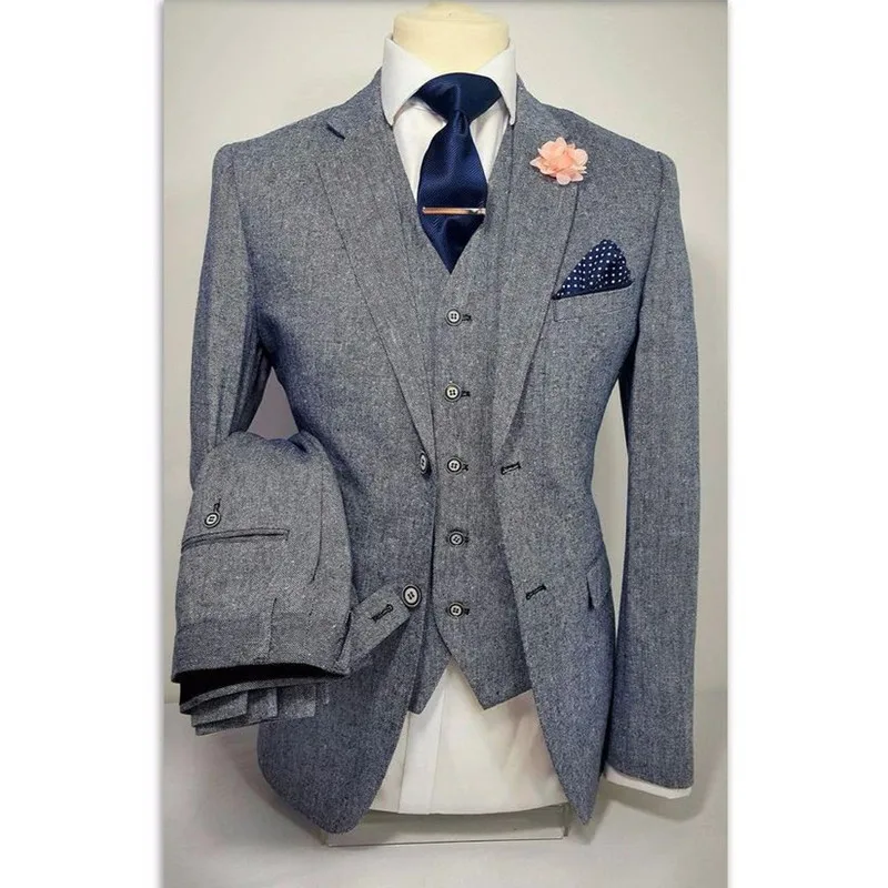

Grey Tweed Formal Men Suit Slim Fit Blazer Masculino Custom Stylish Men Tuxedo 3 Piece Wedding Suits (Blazer+Pants+Vest)AF863