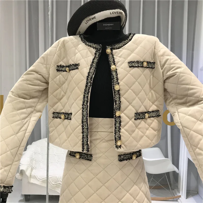 ALPHALMODA, зимняя женская куртка, юбка, 2 шт., модный костюм, в сетку, с подкладкой, короткая верхняя одежда, пальто+ трапециевидная юбка, Модный комплект