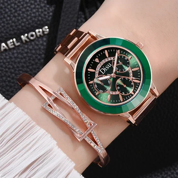 

2pcs Set Women Luxury Rhinestone Steel Quartz Watches Ladies Business Watch Quartz Movement Clock Bracelet Relogio Feminino