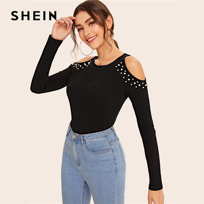 Preise SHEIN Schwarz Kalten Schulter Perlen Perlen Detail Rib knit Top Frauen Elegante T Shirt Herbst Langarm Schmal Geschnittene Solide tees