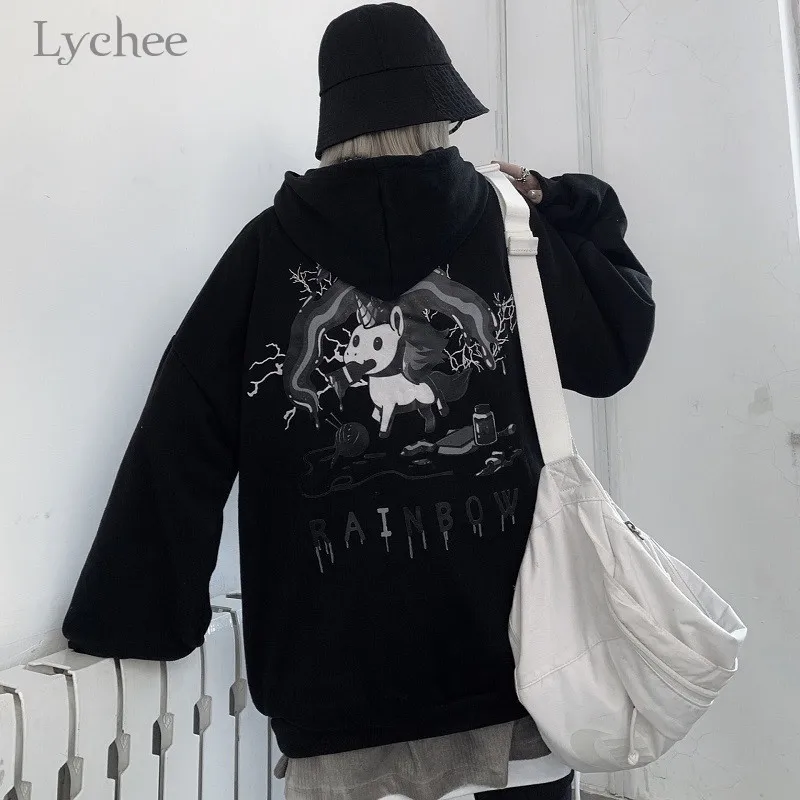 Lychee Harajuku повседневные свободные женские флисовые толстовки с капюшоном с изображением радуги и единорога Женские флисовые толстовки с капюшоном осенне-зимние женские топы