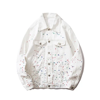 

Japanese Harajuku Paint Splatter Men's White Denim Jacket Urban Streetwear Hip Hop Oversized Paint Splatter Jean Jacket