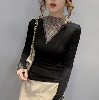 

2020 Women High Neck Long Sleeve Beading T-shirt Femme Streetwear Spring AutumnSexy Slim Sheath Women Tshirt top r2446