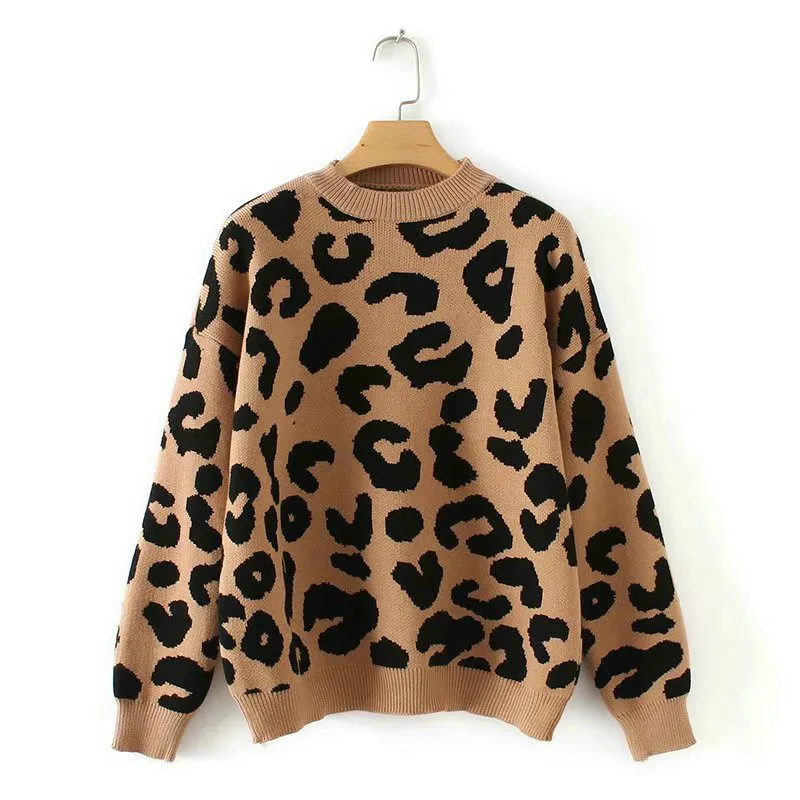 

Women Tops Leopard Knitted Sweater Women Winter/Autumn Animal Print Thick Long Sleeve Female Pullovers Casual Lady Tops