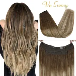 VeSunny Halo Hair Fish Line Wire Human Hair Extension Invisible Machine Remy Hair Weft with 2 Clips Brown mix Blonde