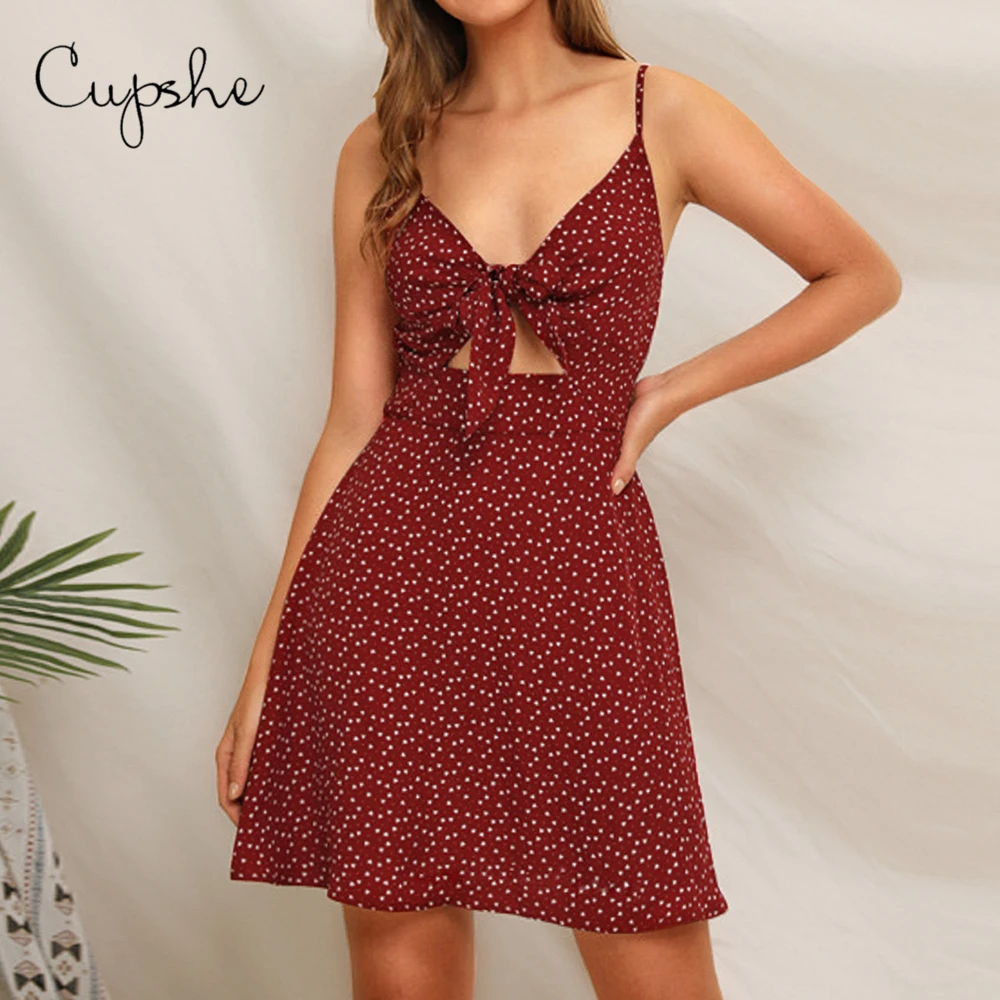 

CUPSHE Women V Neck Dress 2019 New Beach Summer Red Polka Dot Print Front Knot Sundresss Spaghetti Straps Vestido