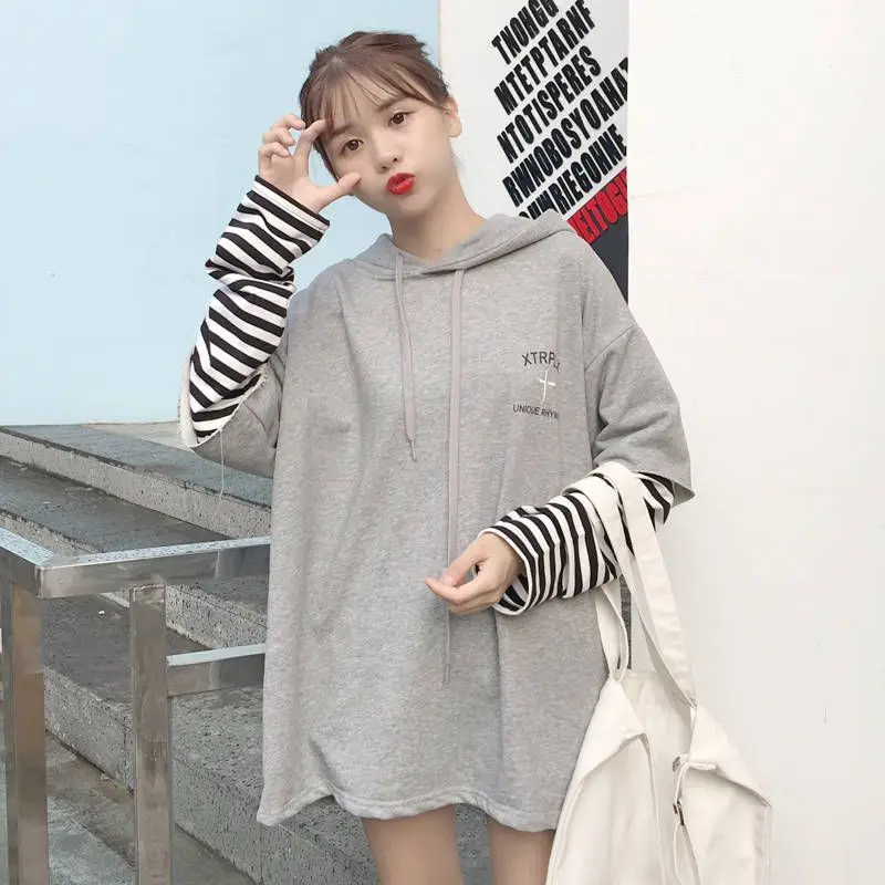 

Spring And Autumn Long Sleeve Hooded T-shirt Fashion Korean Style Striped Stitching Casual Pullover T-shirt