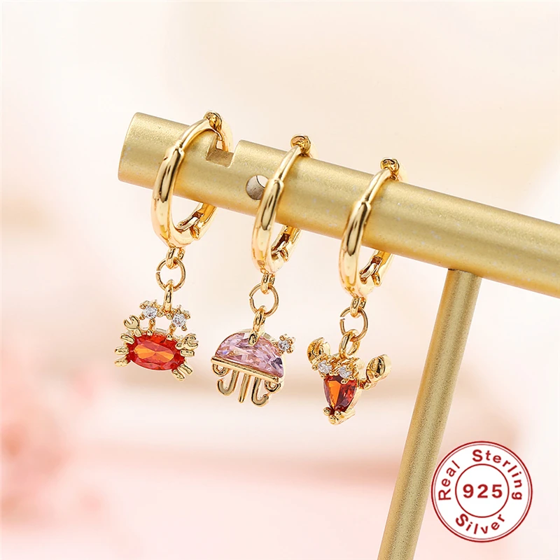 Stud earrings Crystal earrings Colorful earrings Artificial crystal earrings Cubic zirconia earrings Crystal zircon earrings Gemstone earrings Animal earrings Aide S925 Silver Colorful Earrings For Women Summer Starfish Octopus Crystal CZ Stud Earings Girl's Gift Helix Piercing Earrings