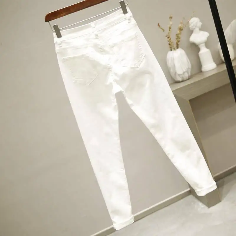 Women White Skinny Denim Pants Cartoon Graffiti Printed Stretch Jeans Autumn Slim Body Pencil Jeans