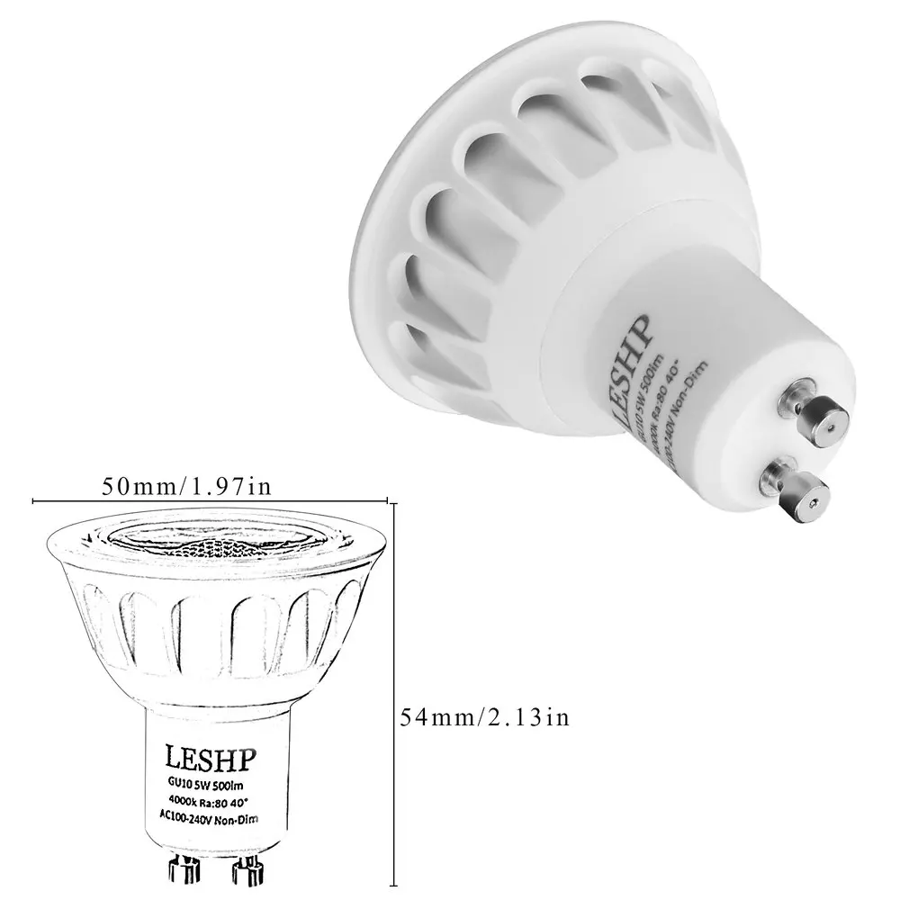 White GU10 AC100-240V 5W LED Spotlight 4000K 500LM Non-Dimmable 40 Degree Beam Angle Compact Size Light Weight