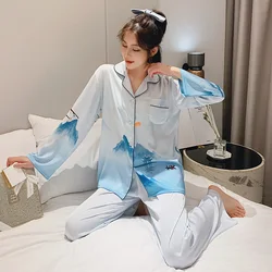 Ice Silk Long-sleeved Pajamas Women's Two-piece Suit Korean Style Simple Ladies Pajamas Spring and Autumn Luxury Home Service