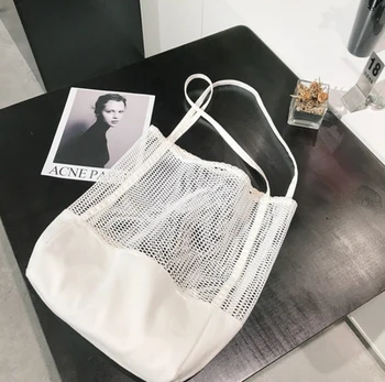 

Women Hangbag New Mesh Hollow Out Handbags Sandy Beach Package Canvas Single Shoulder Woman Bag Femme Casual Summer Tote