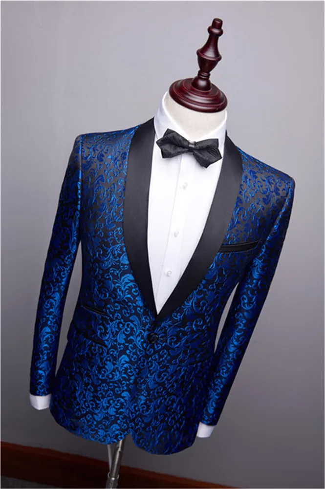 Royal Blue Embroidered Wedding Men Suit Shawl Collar Slim Fit 2 Pieces Jacket+Pants For Wedding Groom Tuxedos Formal Suits
