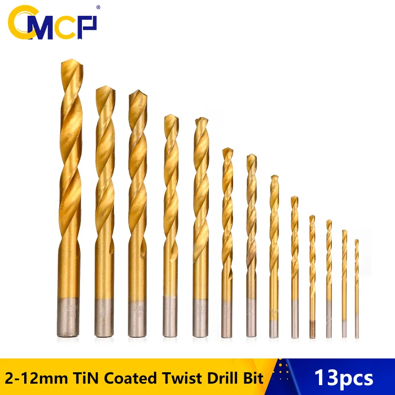 

CMCP 13pcs 2-12mm Titanium Coated HSS Twist Drill Bit Set Round Shank Gun Drill Bit For Wood/Metal Drilling Core Drill Bit