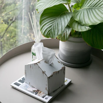 

Industrial Wind Dilapidated House Tissue Box Wooden Vintage White Tissue Holder Paper Napkin boxes Home Office Decoration