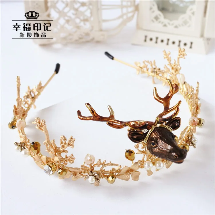

Grotesque Small Auspicious Elk Horn Hair Accessories Photo Shoot Accessories Crystal Column Headdress Crown Studio Bride Ornamen