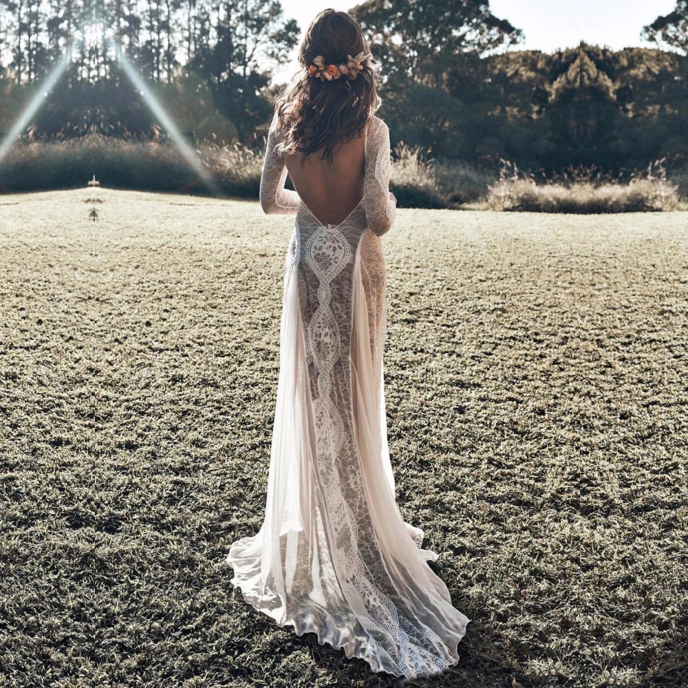bohemian open back wedding dress