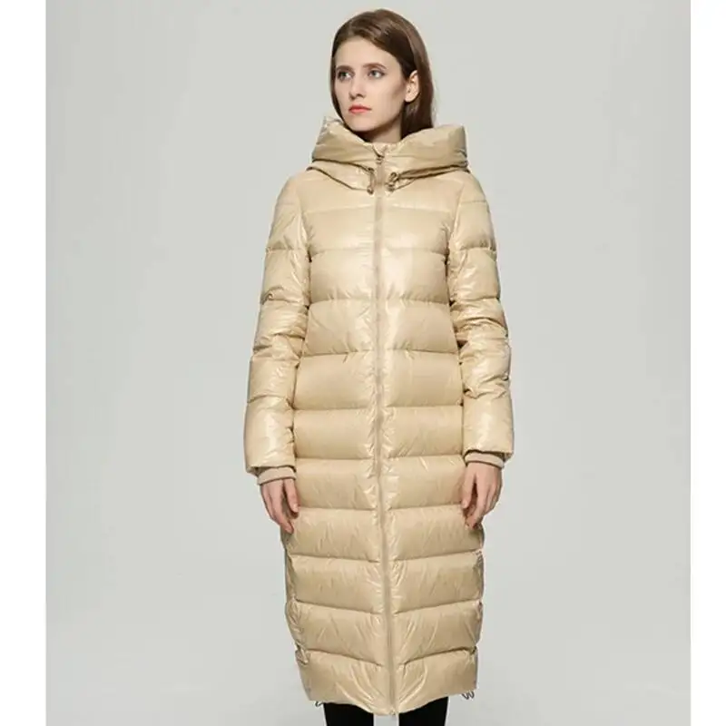 Длинное черное пуховое пальто женское плотное зимнее пальто на молнии с капюшоном плюс размер ветрозащитная зимняя верхняя одежда 90% белый утиный пух теплая куртка пальто