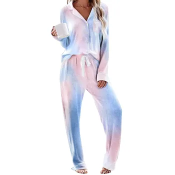 

Women Tie Dye Pajamas Two Pieces Set Long Sleeve Tops And Loose Elastic Waist Long Pants Women Casual Homewear Sleepwear