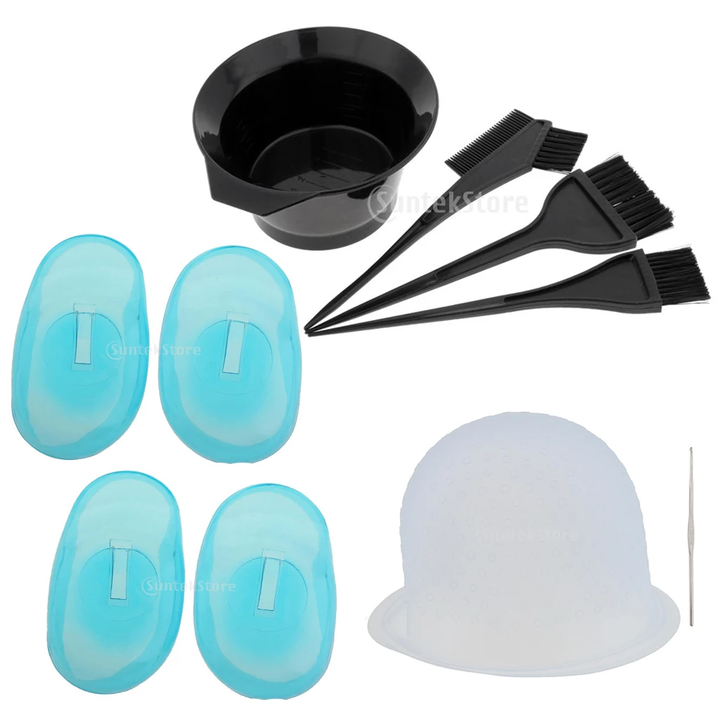 9Pcs/Set Plastic Hair Dye Bowl Brushes Kit Hair Coloring Brushes Tinting Bowl Highlighting Cap Hook and Ear Covers Combo