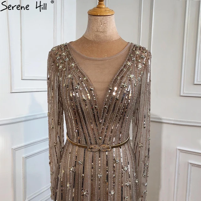 Serene Hill Muslim Gold A-Line Luxury Evening Dresses Gowns 2021 Sparkle Beading Long Sleeves Sexy For Women Party LA70674 6