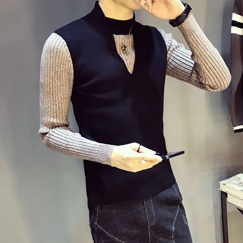 

Autumn and Winter new semi-turtleneck sweater men's fake two-piece sweater thickened base sweater coat